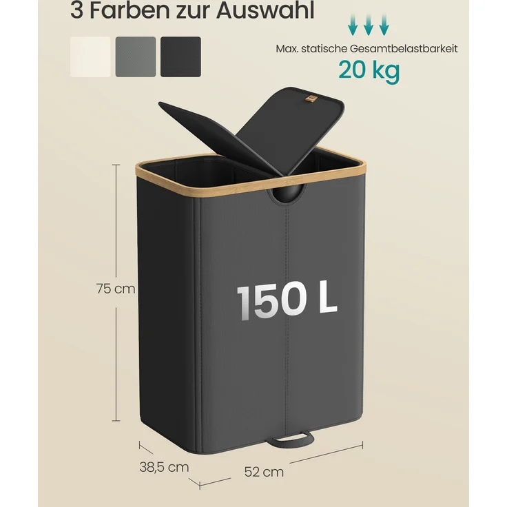 SONGMICS Wäschekorb 2 Fächer, Wäschesammler, 150 Liter, Wäschesortierer mit Deckel, Wäschetonne, Wäschesäcke herausnehmbar, für Waschküche, Schlafzimmer, Wohnzimmer, tintenschwarz-naturbeige – Bild 5