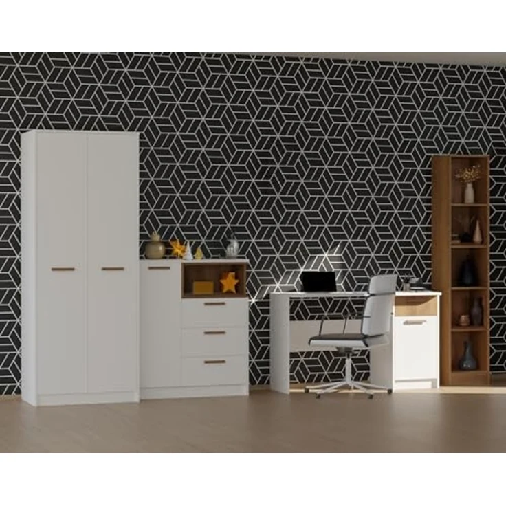 Marmex Möbel Grant Set-S Jugendzimmer-Set 2-teilig mit Kleiderschrank mit Kleiderstange, Kommode mit Schubladen, Jugendzimmer, Wohnzimmer, laminierte Spanplatte, weiß+riviera Eiche, 197,5x195x55 cm – Bild 6