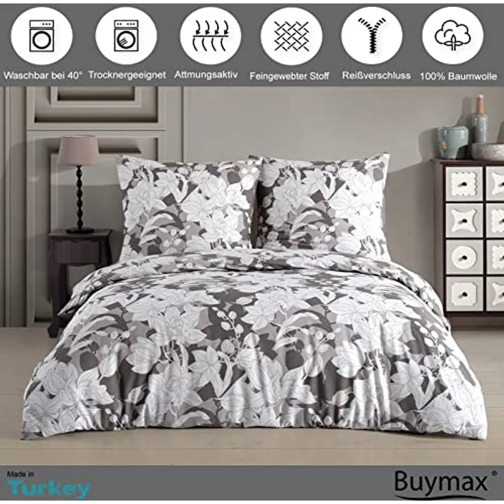 Buymax Bettwäsche Clisse, Renforce: 100% Baumwolle, 2 teilig, 155x220 cm, mit Reißverschluss, Blumen, Orchidee, Grau, Weiß – Bild 3