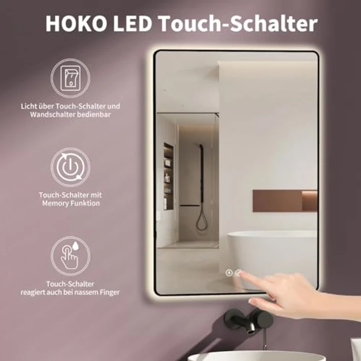 HOKO Antibeschlag LED Badspiegel Kalifornien 50x70 cm/70x50 cm mit schwarzem Metallrahmen, Touch Sensor und stufenlosem Lichtwechsel 2700-6500K – Bild 2