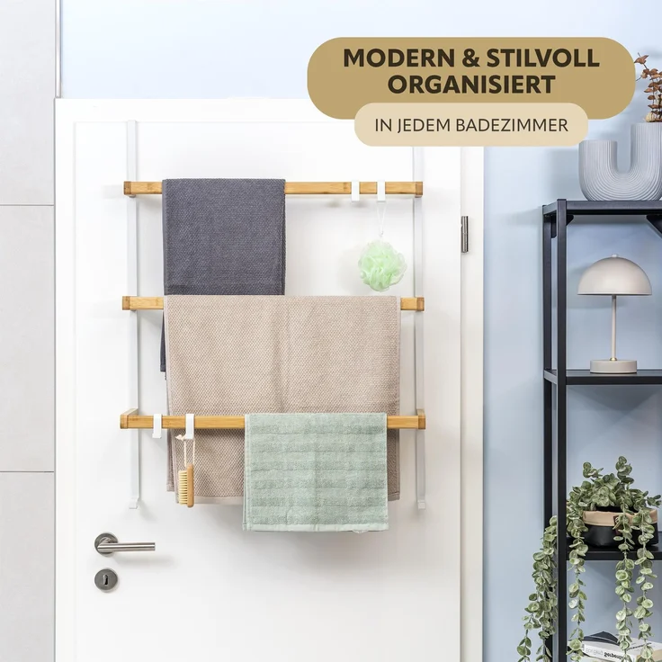 Tür-Hängeregal aus Metall und Bambus, 3 Handtuchstangen, 4 Haken, weiß – Bild 2