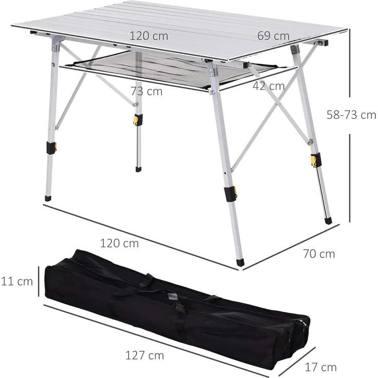 Outsunny Picknick Klapptisch, Falttisch, Höhenverstellbarer Campingtisch, Inkl. Tragetasche, Aluminium, Silber, 120 x 70 x 58-73 cm – Bild 3
