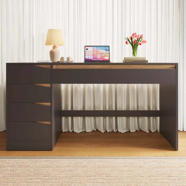 Schreibtisch mit 5 Schubladen, MDF, 140x50x78 cm, Grau mit Eiche-Optik