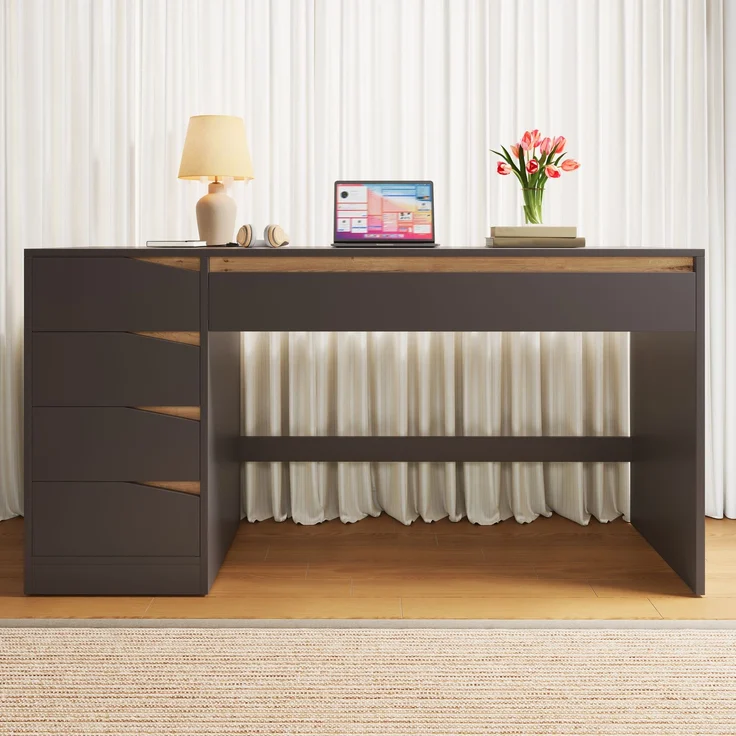 Schreibtisch mit 5 Schubladen, MDF, 140x50x78 cm, Grau mit Eiche-Optik – Bild 1