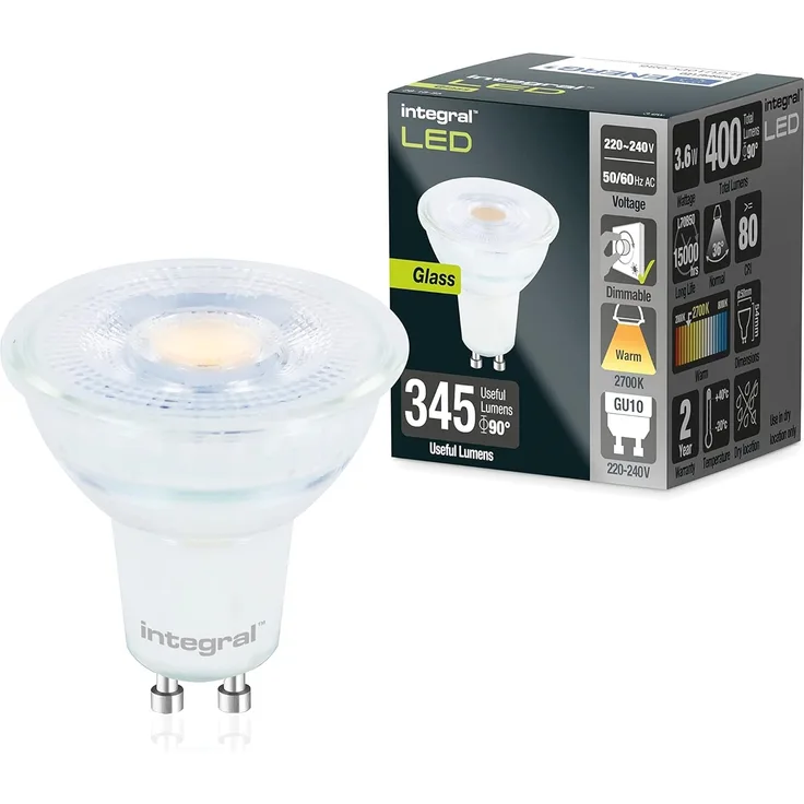 Integral LED 5 PACK Glas GU10 Warm 2700K, 400LM, 3.6W (entspricht 50W) Dimmbare Lampe - Energieeffizient & Ideal für Spotlight Armaturen & Downlights in Badezimmern, Küchen, Wohn- & Schlafzimmern