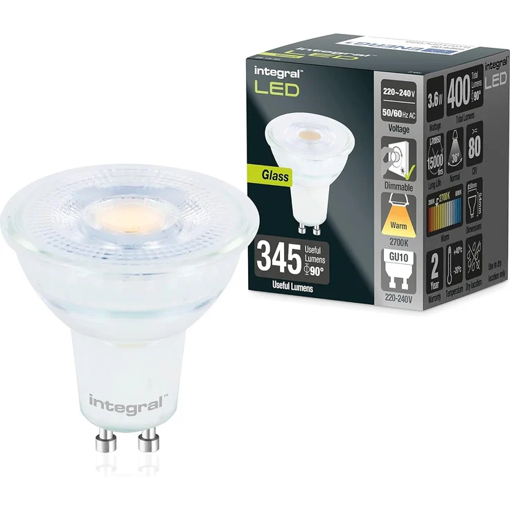 Integral LED 5 PACK Glas GU10 Warm 2700K, 400LM, 3.6W (entspricht 50W) Dimmbare Lampe - Energieeffizient & Ideal für Spotlight Armaturen & Downlights in Badezimmern, Küchen, Wohn- & Schlafzimmern