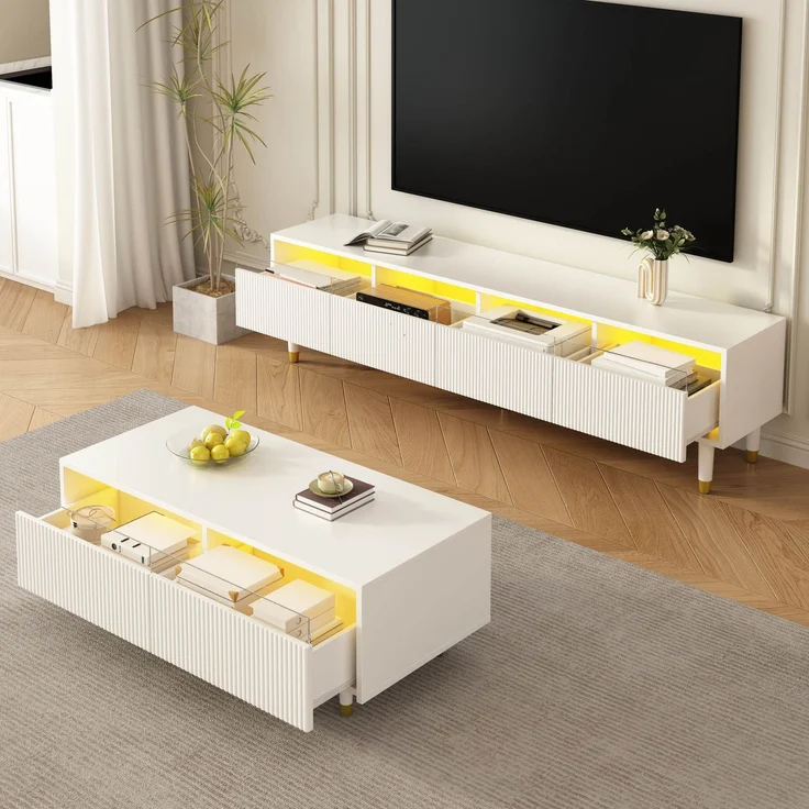 JARDJ Modernes LED-Möbelset: Viertüriger TV-Ständer und Couchtisch mit zwei Schubladen – Weiß mit Gold-Design, LED-Beleuchtung, Wellenstruktur und Acrylfronten für einen stilvollen Wohnstil – Bild 3