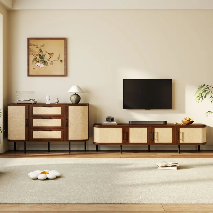 Wohnwand Set TV-Lowboard & Sideboard mit Geflechtfront, MDF-Korpus, schwarzen Griffen und Metallfüßen – modernes Wohnzimmermöbel Set--Nussbaum--120x40x82cm--YOUDENOVA