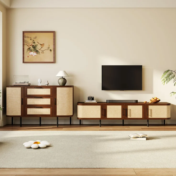 Wohnwand Set TV-Lowboard & Sideboard mit Geflechtfront, MDF-Korpus, schwarzen Griffen und Metallfüßen – modernes Wohnzimmermöbel Set--Nussbaum--120x40x82cm--YOUDENOVA – Bild 1