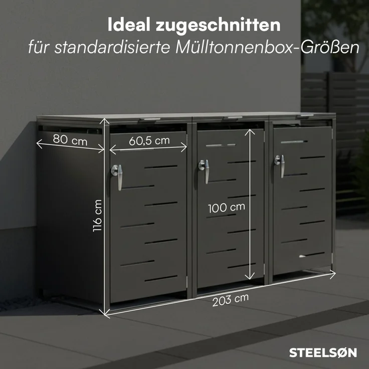 STEELSØN 'Diorus' Mülltonnenbox 3er je 240 Liter, graphitschwarz, Mülltonnenverkleidung aus Stahl mit Sichtstreifen, wetterfest, 116x80x203 cm, abschließbare Müllbox für 3 Tonnen – Bild 6