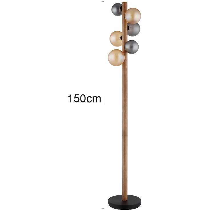 LED Stehleuchte aus Holz 6-flammig Glaskugeln Rauchglas & Bernstein, H: 150cm – Bild 4