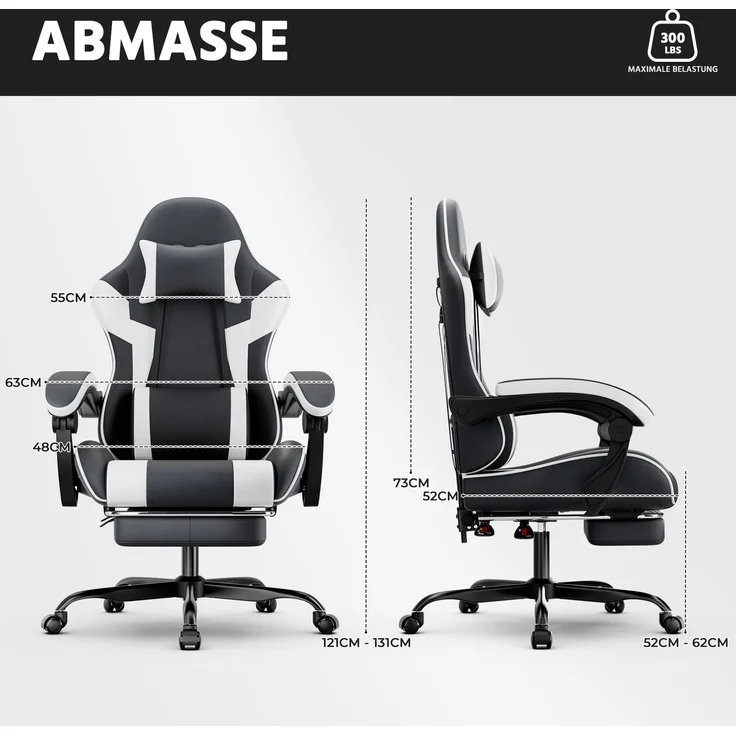 Gamingstuhl aus PVC mit verstellbarer Rückenlehne, Fußstützen und Rollen, 58,5x63x120,5 cm, Schwarz/Weiß – Bild 4