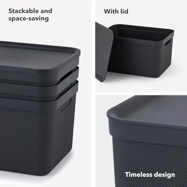 Jive Dekobox 3er- Set Aufbewahrungsbox 16l mit Deckel, Kunststoff (PP recycelt), dunkelgrau, 3x16l (37.5 x 27.8 x 29.8 cm), Anthrazit – Bild 6