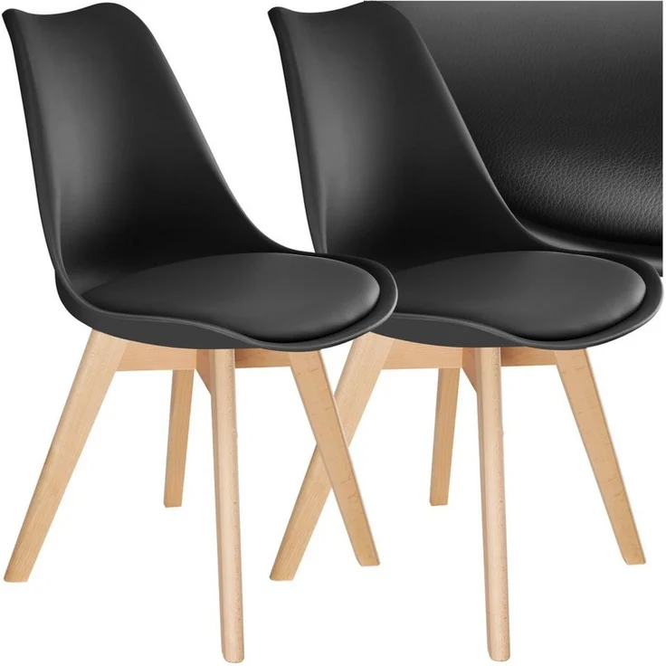 tectake Esszimmerstuhl Küchenstuhl Scandi-Design, gepolsterte Sitzfläche, 49 x 53 x 82 cm (Polsterstuhl Frederikke in schwarz, 2 St), ergonomische Form, massive Holzbeine, bodenschonende Filzgleiter – Bild 1