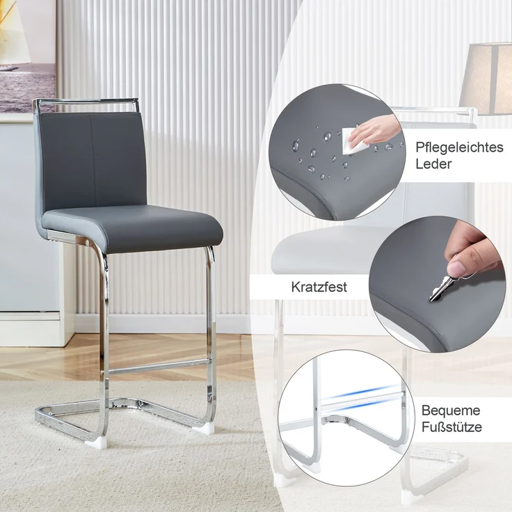 Zwei hochwertige grauen Barhocker im nordischen Stil, geeignet für Restaurants, Küchen, Terrassen und Gäste Bürostühle (Set von 2) (Grauen+PU)Geeignet für mehrere Gelegenheiten.--Dunkelgrau, Silber2--38.9x46.5x96.5cm--YOUDENOVA – Bild 7