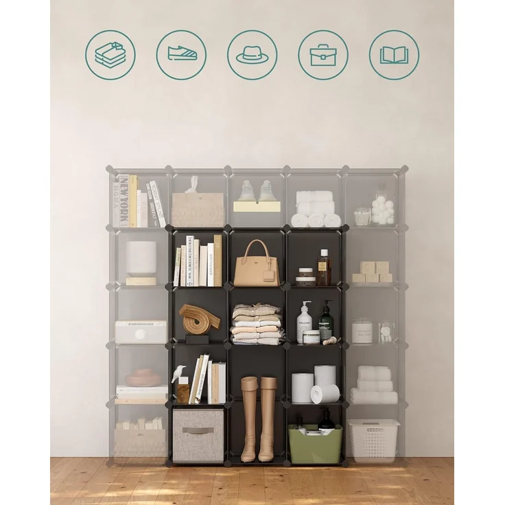 Songmics Schuhregal, Regalsystem, Steckregal, Set aus 16 Würfeln, DIY Regal, stapelbar, aus PP-Kunststoff, als Garderobe, für Schlafzimmer, Büro, 31 x 123 x 123 cm, grau LPC442G01 – Bild 7