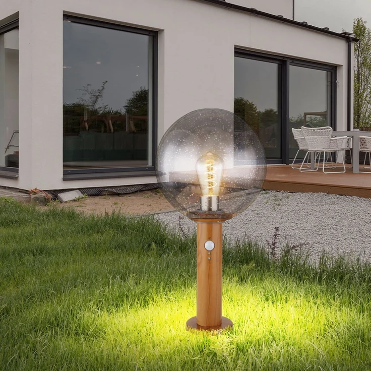 LED Sockellampe, Glaskugel, Holzoptik, Bewegungsmelder, H 38 cm – Bild 5