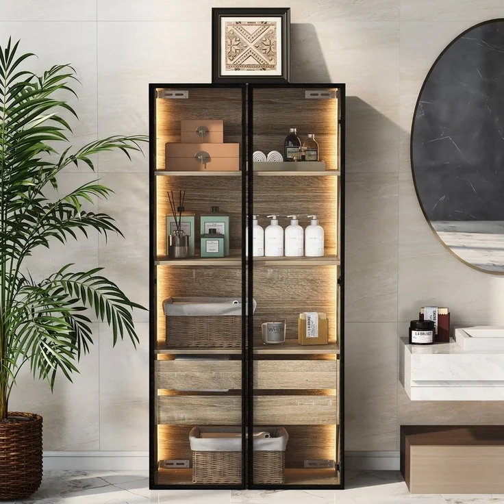 Merax Vitrine mit Glastüren (1-St) Badezimmerschrank mit LED,Mehrzweckschrank,Bücherschrank,Höhe 155cm – Bild 1