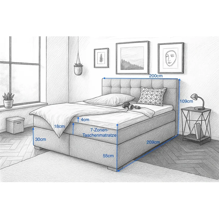 Boxspringbett TOM 200x200 cm mit Matratze und gepolstertem Kopfteil. Farbe Grau – Bild 5