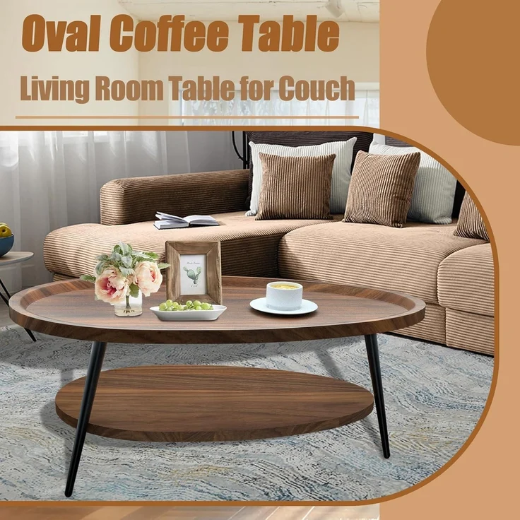 Ovaler Couchtisch Holz Wohnzimmer Tisch Stauraum Industrie-Design 100x55x38 cm – Bild 6