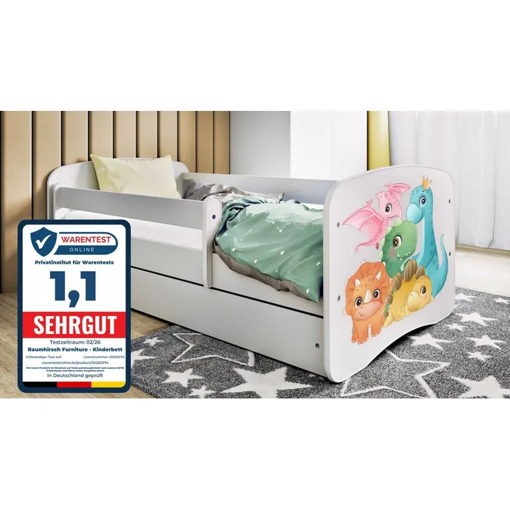 Raumhirsch Furniture Kinderbett 70x140, 80x160, 80x180 cm - Komplettset mit Matratze & Schublade (Bett für Mädchen, Einzelbett Kinder 2–12, mit Rausfallschutz & Lattenrost), verschiedene Farben & Designs