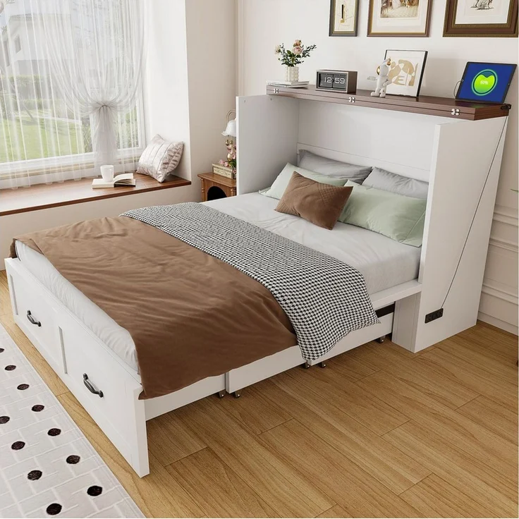 Flieks Schrankbett Klappbett Ausziehbett Holzbett 140x200cm mit Steckdose – Bild 2