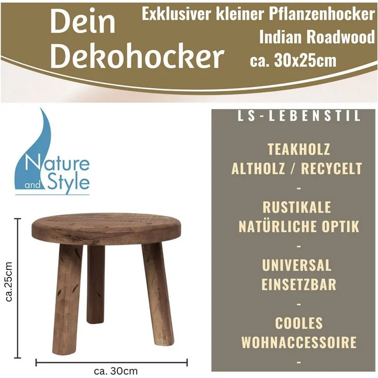 LS-LebenStil Fußhocker Vintage Holz Fußhocker Braun 30cm Rund Recycelt Tritthocker Schemel (Fußbank Beistellhocker Holzhocker Nachttisch Tischchen, 1 St, Roadwood Recycelt Altholz, Blumenständer Blumenhocker Pflanzenhocker), Beistellhocker Kleiner Hock... – Bild 2