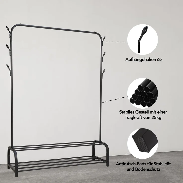 Brixy Garderobenständer - Garderobenständer - 102x34x152cm - Garderobenständer Mit Schuhregal - Industriell - Metall - Schwarz – Bild 6