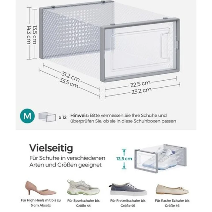 SONGMICS Schuhboxen, 18er Set, Schuh-Organizer aus Kunststoff, faltbar und stapelbar, für Schuhe bis Größe 44, transparent-grau LSPDE006G18 – Bild 3