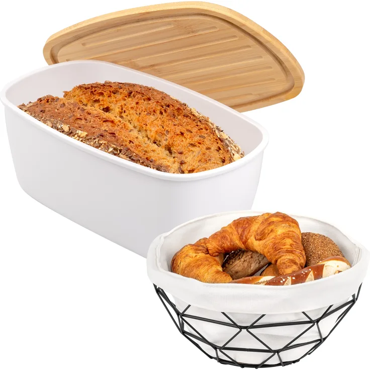 2tlg. Brotaufbewahrungs-Set - Brotkasten und Brotkorb (Kunststoff/Metall, weiß)