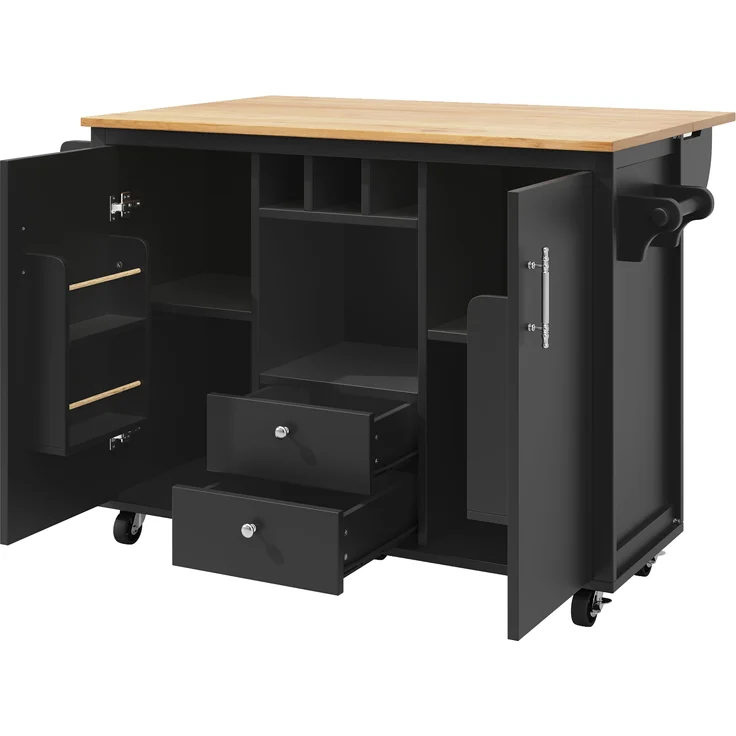 Kücheninsel mit Stauraum und klappbarer Arbeitsplatte, Küchenwagen mit Schubladen, Doppeltüren, Weinregal, Handtuch- & Gewürzhalter, 92.2cmx137.9cmx45-73cm, Schwarz – Bild 8