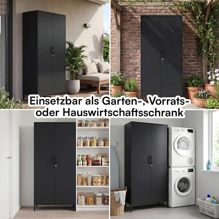 STEELSØN 'Menkent' Outdoor Metallschrank, Doppeltür mit Schloss, schwarz, 170x80x45 cm, mit 6 Einlegeböden, 8 höhenverstellbare Fächer – Bild 8