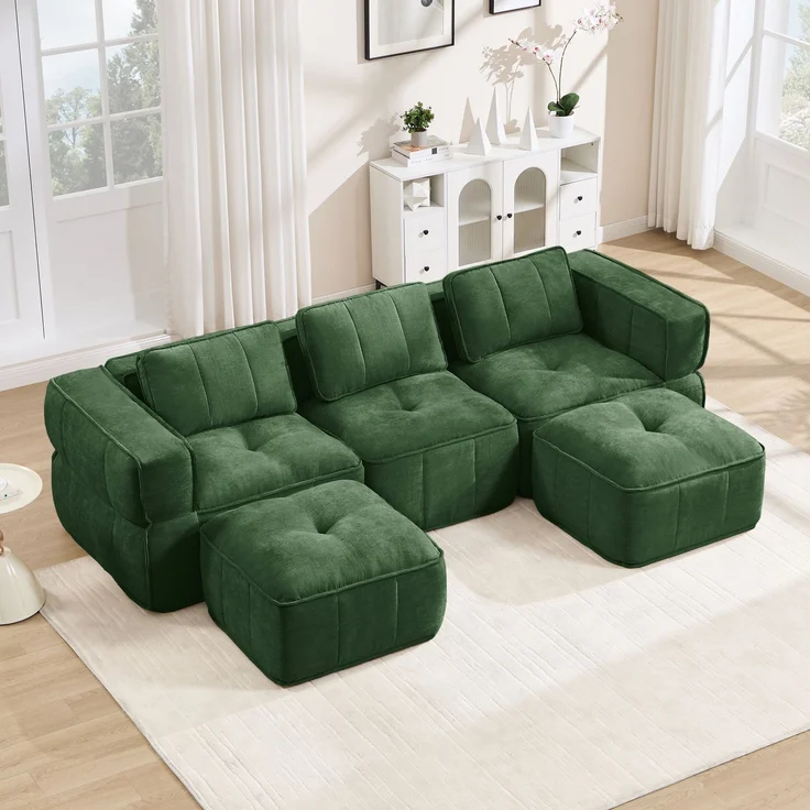 EINHOM 3-Sitzer U-förmiges Modulsofa mit 2 Hockern, ohne Gestell, 32D-Hochdichteschaum, tiefe Sitzfläche, hautfreundlicher, weicher Stoff, ideal für Wohnzimmer, keine Montage erforderlich, Grün – Bild 3