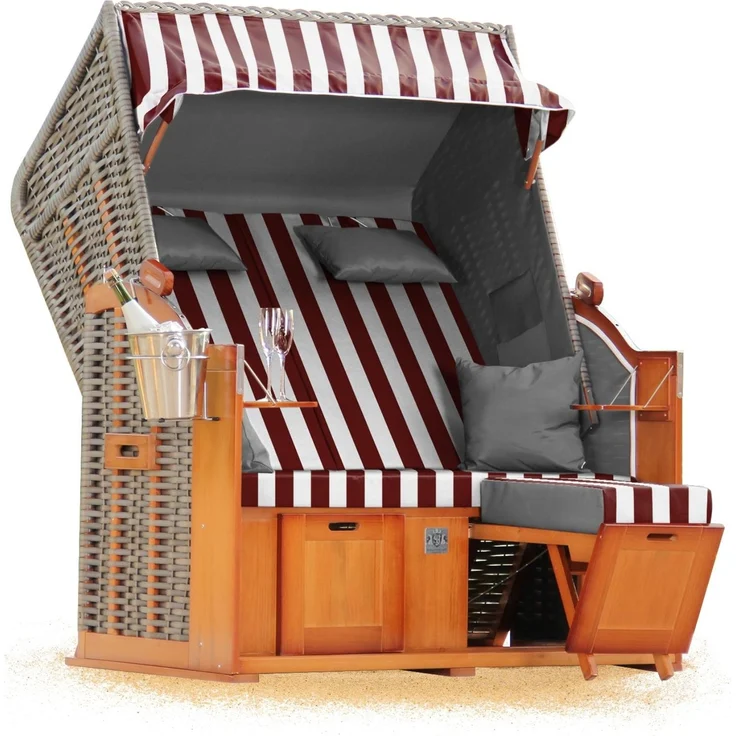 Strandkorb Hanse Ostsee Klassik XXL 2 Sitzer - Rot Weiß Blockstreifen – Bild 1