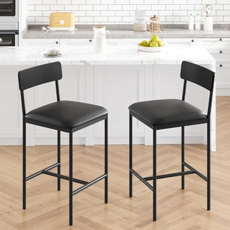 2er Set Barhocker, Barstuhl mit Rückenlehne & Fußstütze, Retro Barhocker mit Fußstütze, Bistrohocker 64cm Hohe, Küchenhocker Einfache Montage, Industrie-Design für Bistro, Küche, Esszimmer, Schwarz – Bild 1