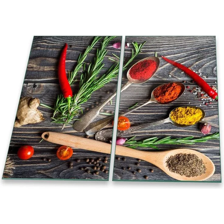 Herdabdeckplatte Abdeckung Ceranfeld Abdeckplatte Schneidebrett 2-Teilig 60x52 Gewürze Mehrfarbig Spritzschutz Glasplatte Ceranfeldabdeckung Schutz Herdschutz Sicherheitsglas Glasschneidebrett 2 x 30 x 52