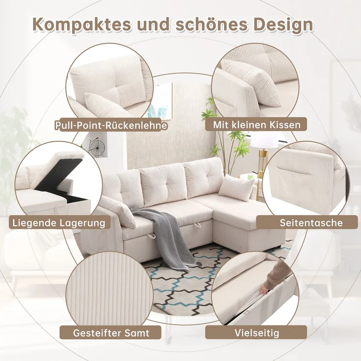 Multifunktionales L-förmiges Schlafsofa mit verstecktem Stauraum, 3 große Kissen, 2 kleine Kissen, seitliche Ablagefächer,Beige – Bild 7