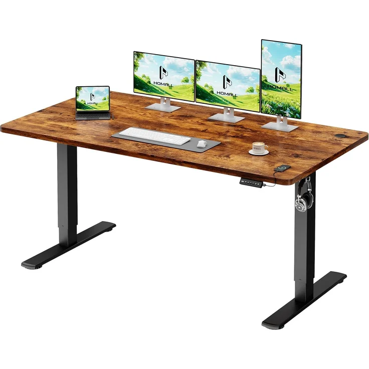Homall Höhenverstellbarer Schreibtisch 160x70cm mit USB-Anschluss,Braun | Höhe verstellbar 73-118 cm, Memory-Funktion mit 2 Höhen,1 Haken, Bürotisch