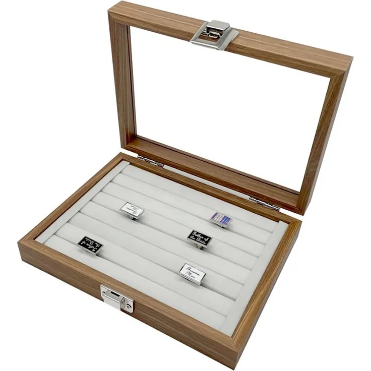 mixed24 Schmuckkoffer Kleiner Schmuckkoffer für Ringe, Ringdisplay Ringlade Ringbox Ringkiste Deckel aus Echtglas Dunkelbraun
