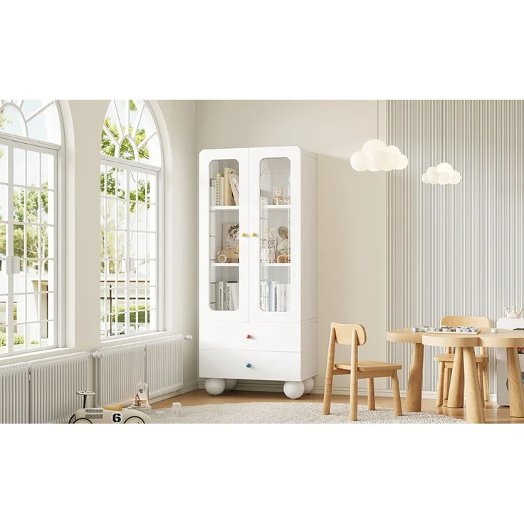 ZUBALIYA Glasvitrine, Kinder-Aufbewahrungsschrank, Bücherregal mit Schubladen, Büroschrank, Figurenvitrine, Bunte Keramikgriffe, Kugelförmige Schrankfüße,, Multifunktionsschrank, Weiß, 60 x 35 x 140 cm – Bild 22