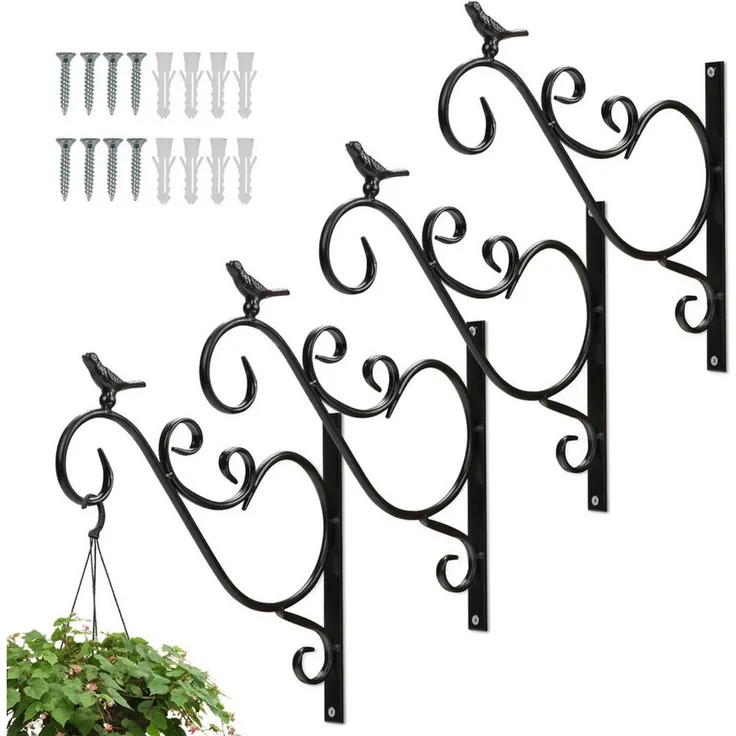 Clanmacy Wandhaken Blumenhaken 4er Wandhaken Blumenampel 300x260mm Blatt Blumenhalter, Töpfe, Kästen, Laternen oder Vogelfutter, (Blumenhaken, schrauben und weiße Kunststoff-Dehnungsstopfen, 4-St, Innen- & Außenbereich), Dekorativ, zierliches Muster, v...