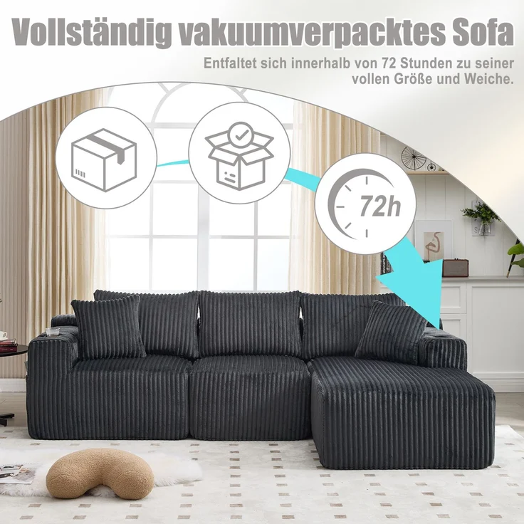 Modulares Sofa Set mit Chaiselongue & 2-Sitzer in Grau, weicher Cordbezug, 5 Kissen & Getränkehalter – Bild 7