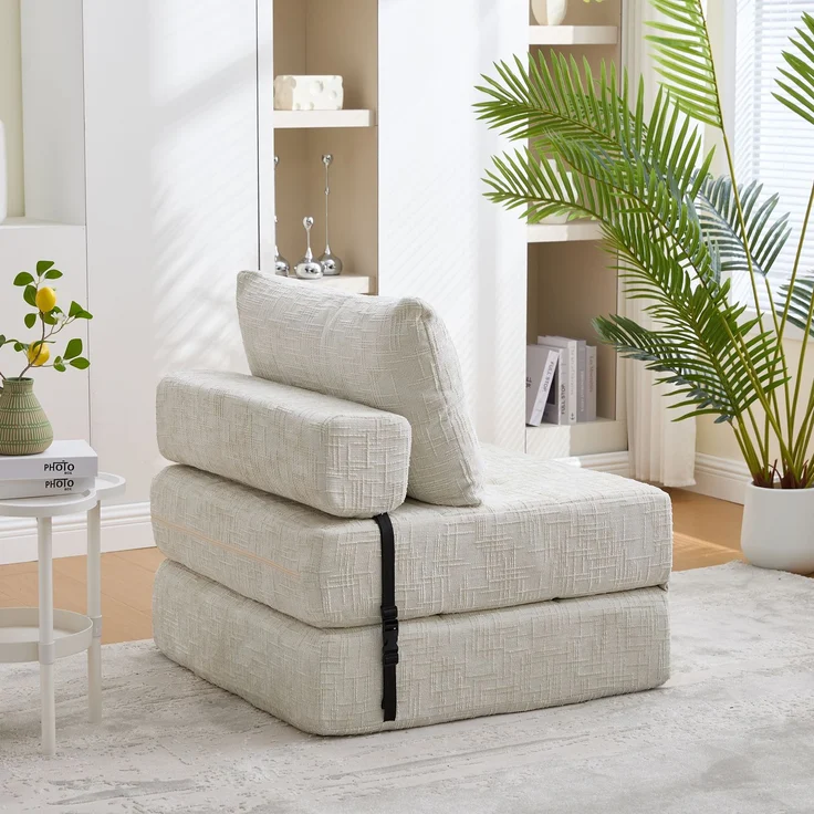 Klappsofa Bett mit Kopf- & Lendenkissen, multifunktionales Schlafsofa, 2-in-1 Faltsofa mit hochdichtem Schaumstoff,Beige – Bild 5