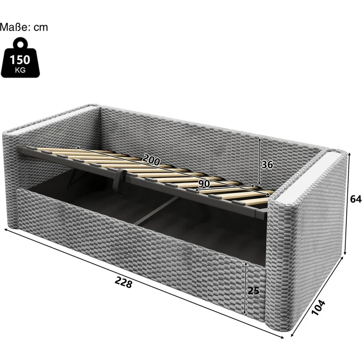 Schlafsofa mit Bettfunktion, Stauraum und LED-Beleuchtung 90x200 cm, Polsterbett, Jugendbett, Einzelbett, Samt – Bild 6
