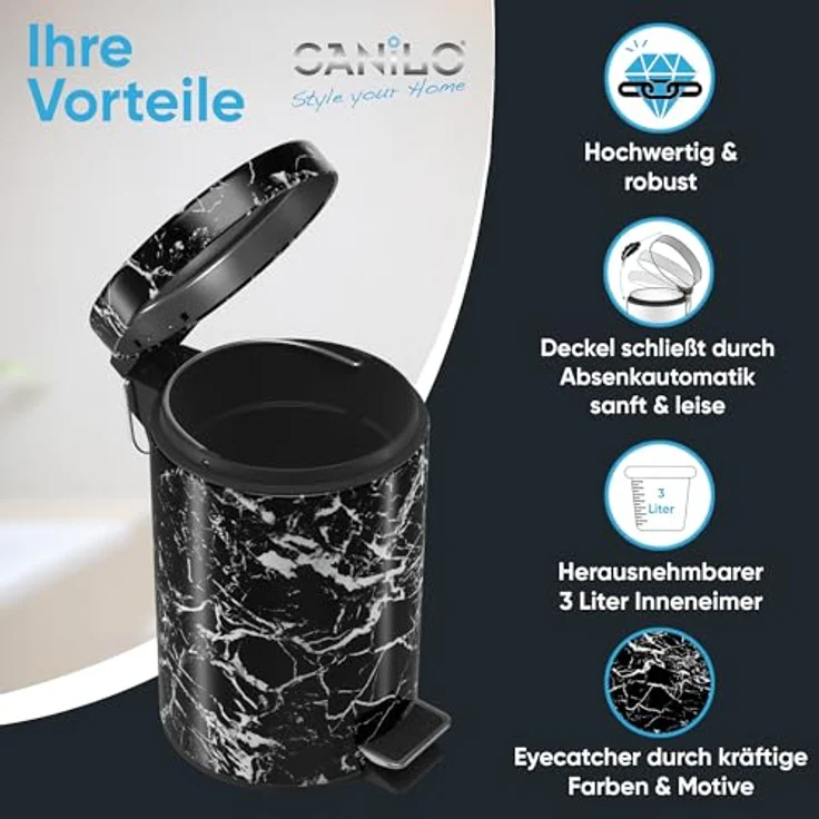 Sanilo Kosmetikeimer Marmor Schwarz, 3 Liter, mit Absenkautomatik und herausnehmbarem Innenbehälter – Bild 2