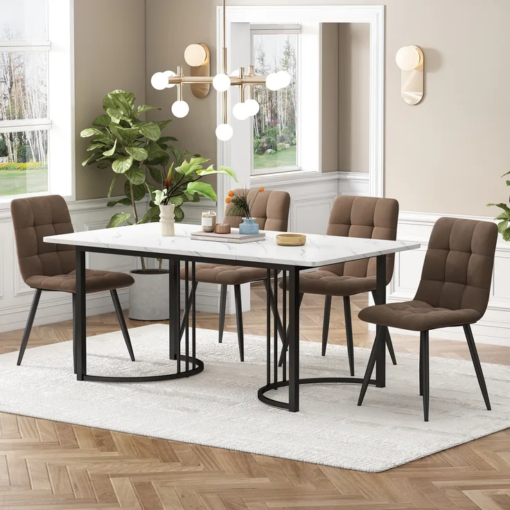 Essgruppe 5-tlg, Esstisch 140x80x75 cm & 4 Samtstühle in Weiß/Braun