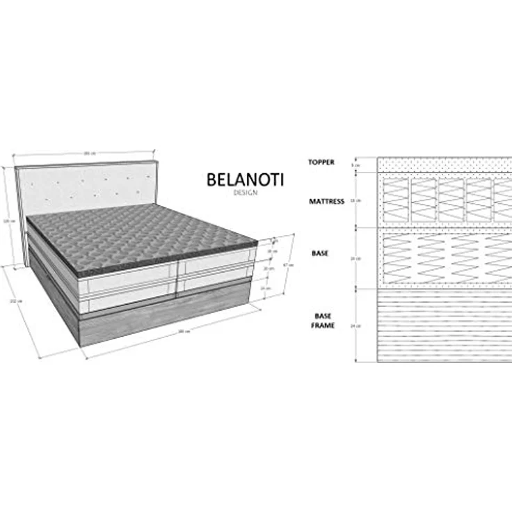 Belanoti MARBO Boxspringbett 180x200 mit Bettkasten 7-Zonen Taschenfederkern Matratze inklusive Visco Topper Bett 180x200 Eiche in der Farbe Hellgrau H2/H3 Polsterbett mit Massivholz Eiche – Bild 4