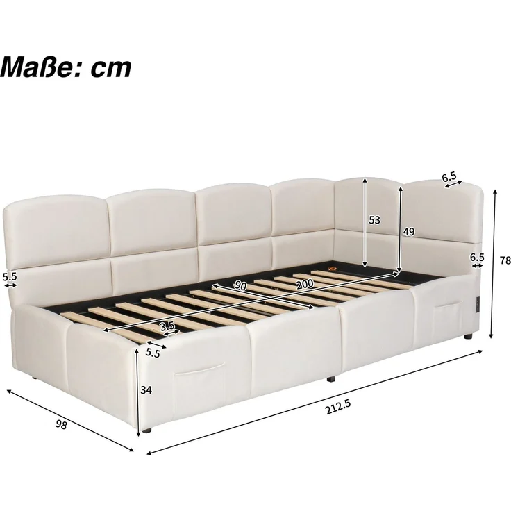 Polsterbett mit Aufbewahrung, Taschen, Lattenrost, USB und Type-C, 90x200 cm, Einzelbett mit gepolstertem Kopfteil, Samt – Bild 6