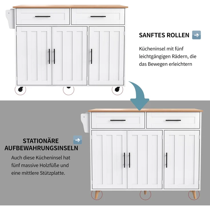 Merax 129*46(71)*91,5cm Küchenwagen Esstischwagen /Anrichte mit Klapptischplatte, Inneneinlegeböden in den Schranktüren, Kücheninsel auf 5 Rädern mit Stauschränken und 2 Schubladen, für das Esszimmer, weiß – Bild 5