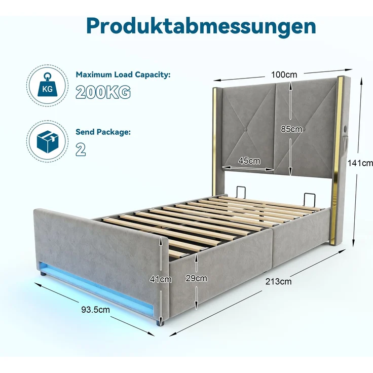 TavilaEcon Boxspringbett Veloursbett mit hohem Kopfteil, Seitentaschen & USB grau Liegefläche 90 × 200 cm – Bild 8